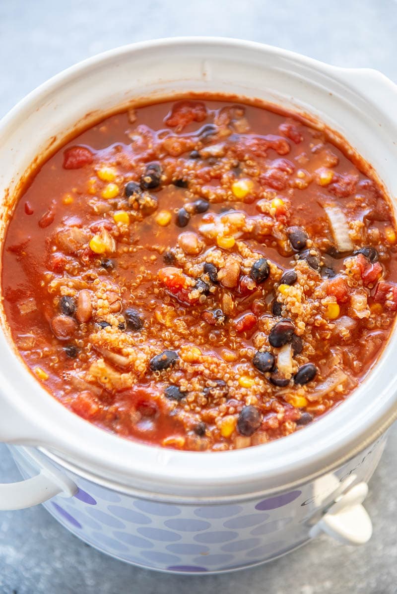 cooked quinoa chili in a slow cooker