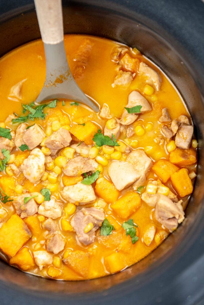 chicken corn and sweet potato chowder in a slow cooker
