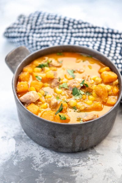 chicken and sweet potato chowder in a bowl