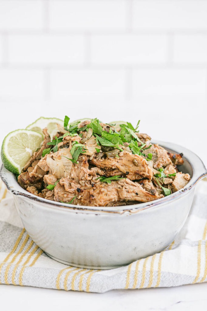 carnitas in a bowl with garnish