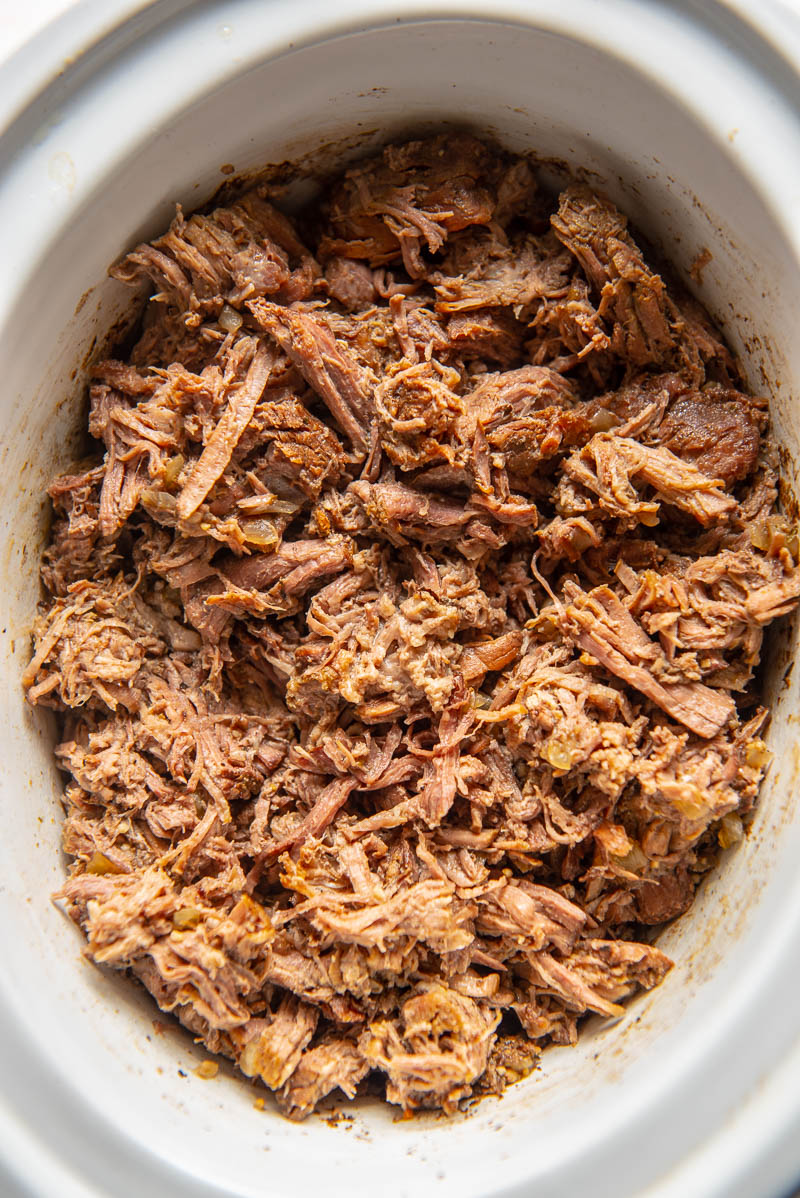 shredded beef in a slow cooker
