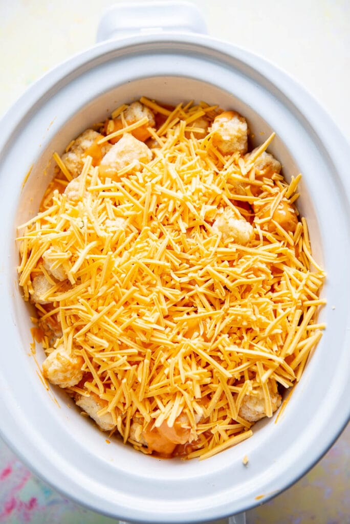 tater tots in white slow cooker topped with cheese