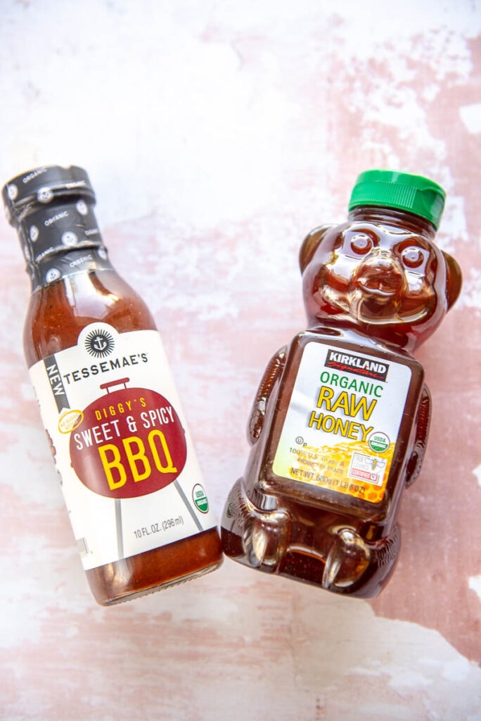 bottle of bbq sauce and bottle of honey