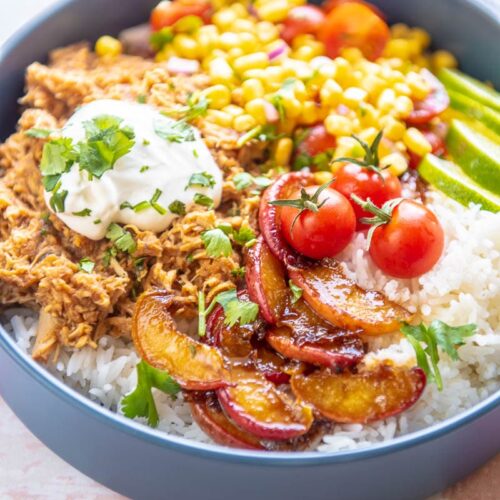 blue bowl filled with chicken, peaches, corn and sour cream