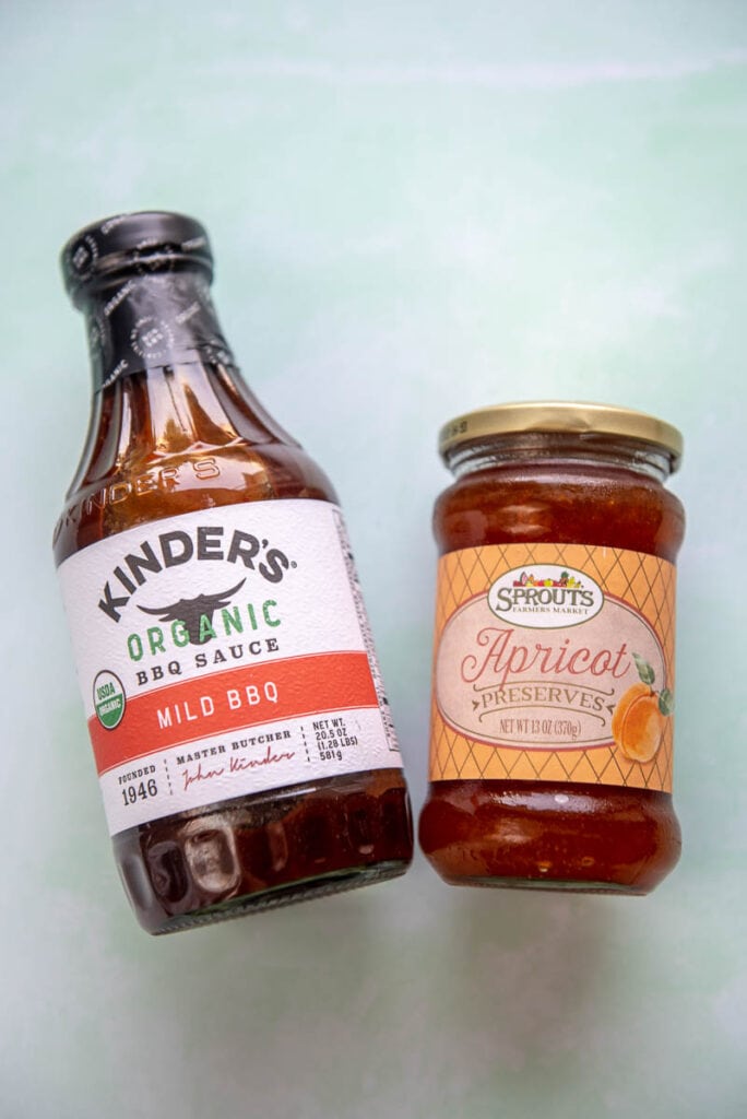 bottle of bbq sauce and bottle of apricot preserves