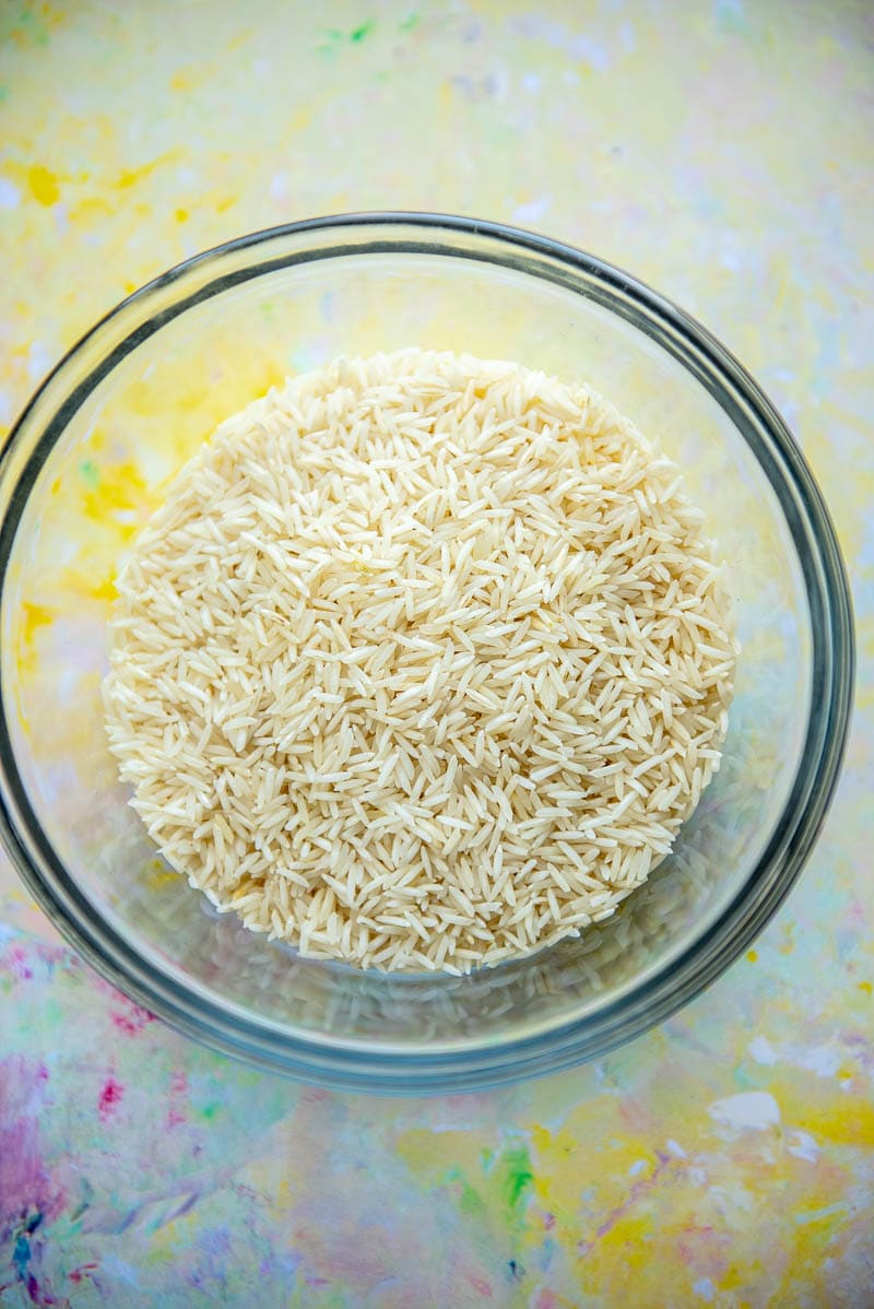 dried rice in a glass bowl