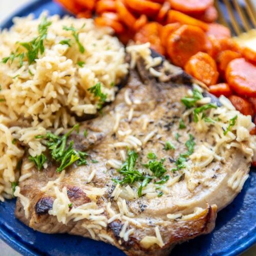 pork chop on blue plate with rice and carrots