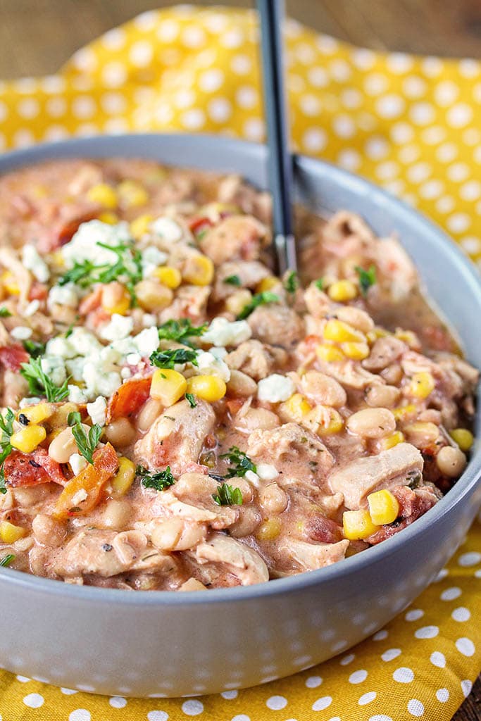 buffalo chicken chili in a gray bowl