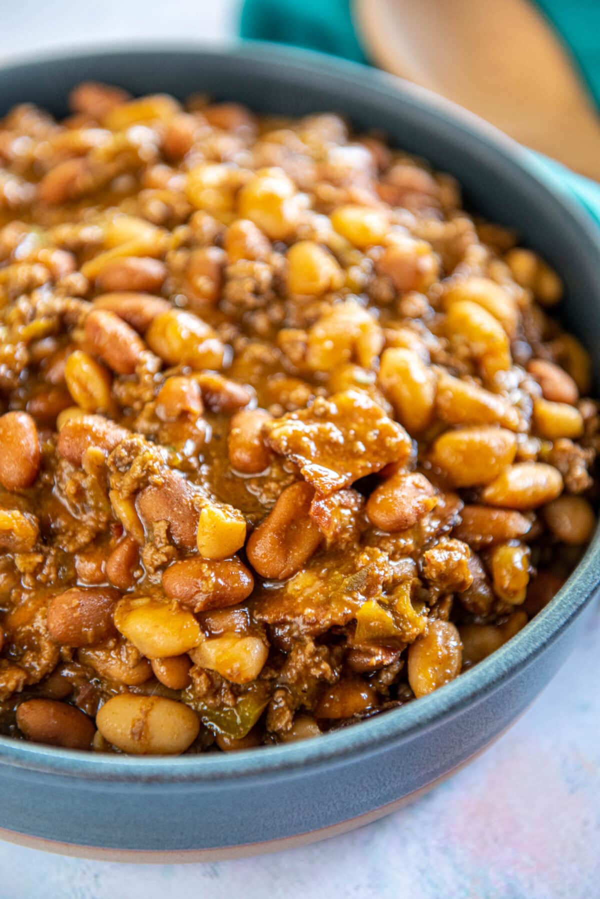 cowboy beans in blue bowl