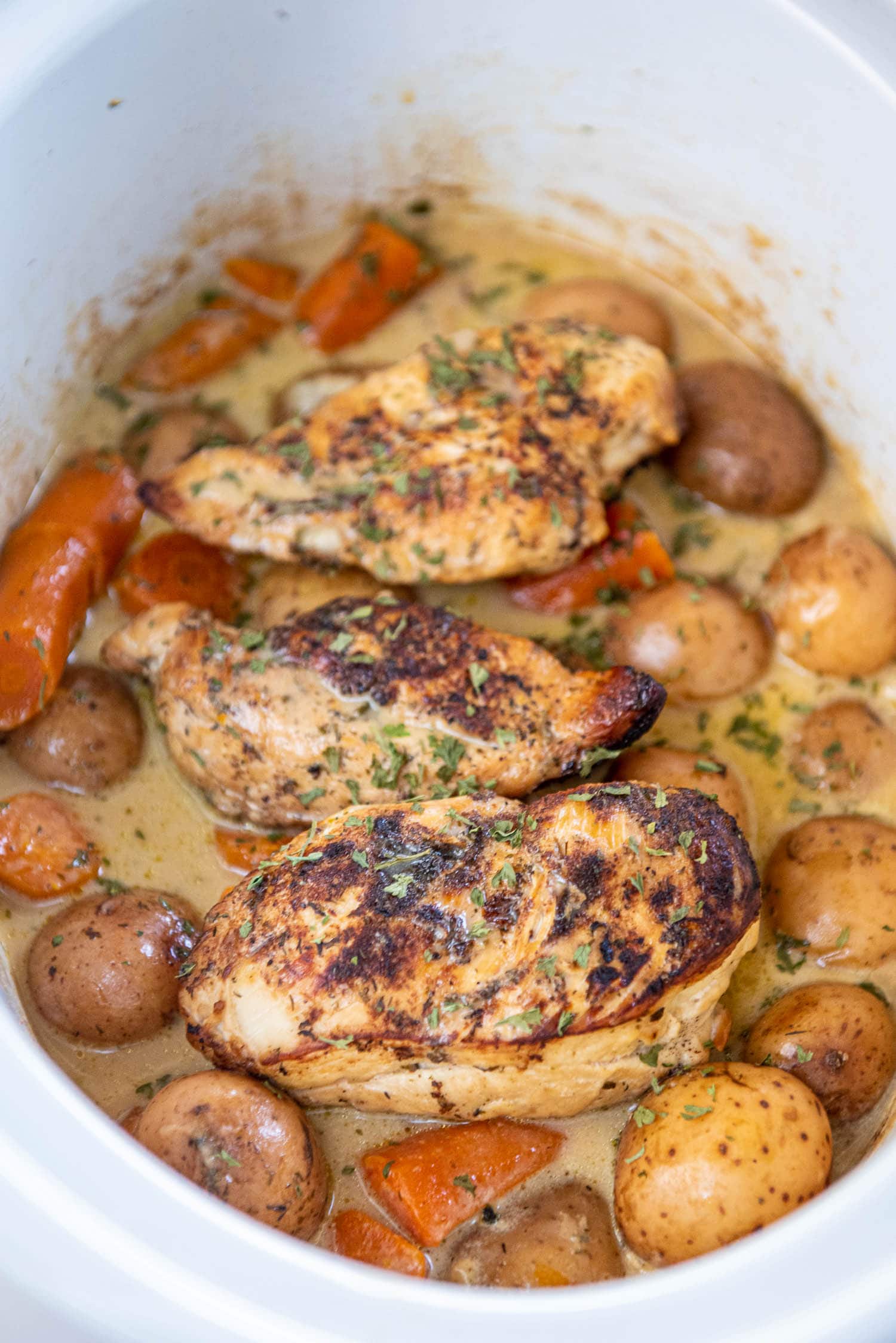 white slow cooker with cooked baby potatoes, carrot chunks, chicken breasts and gravy