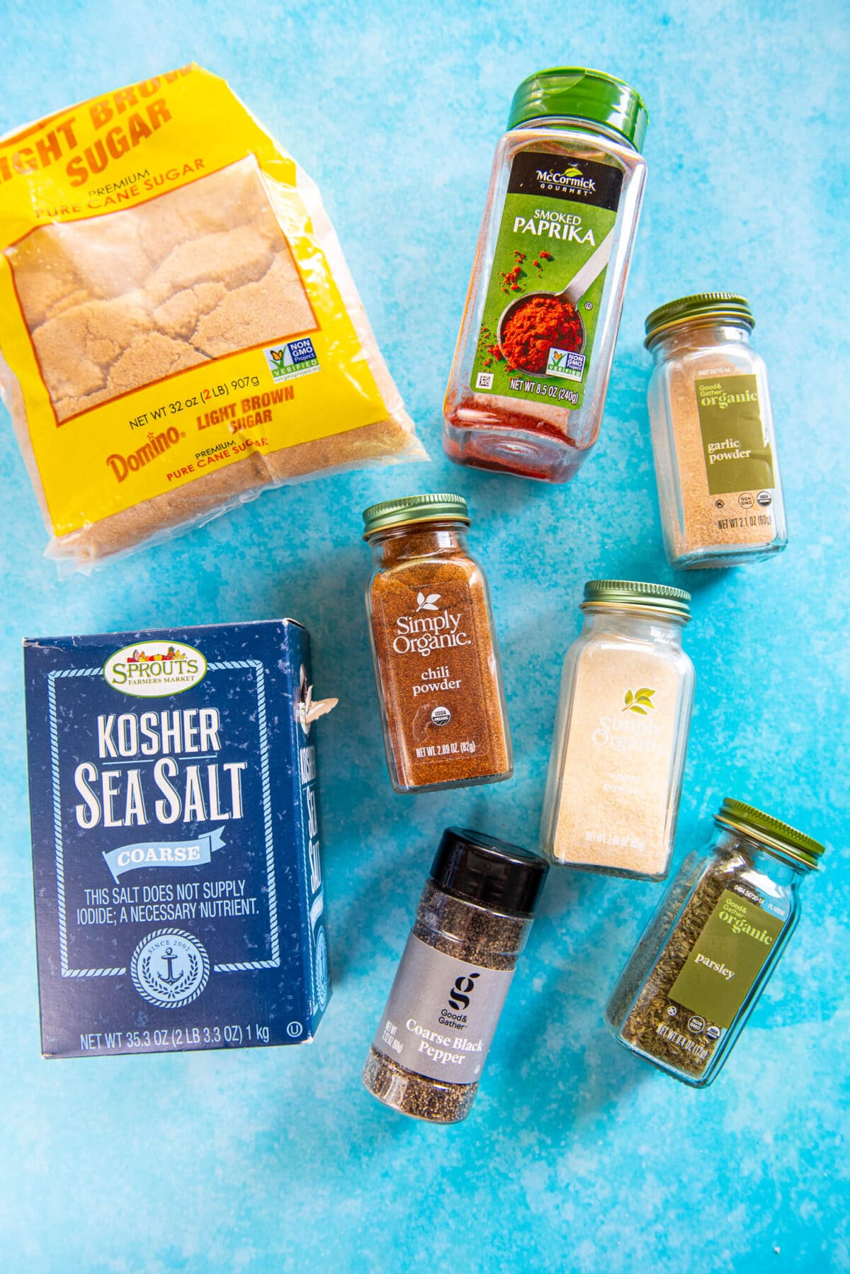 spice jars, brown sugar bag and kosher salt box