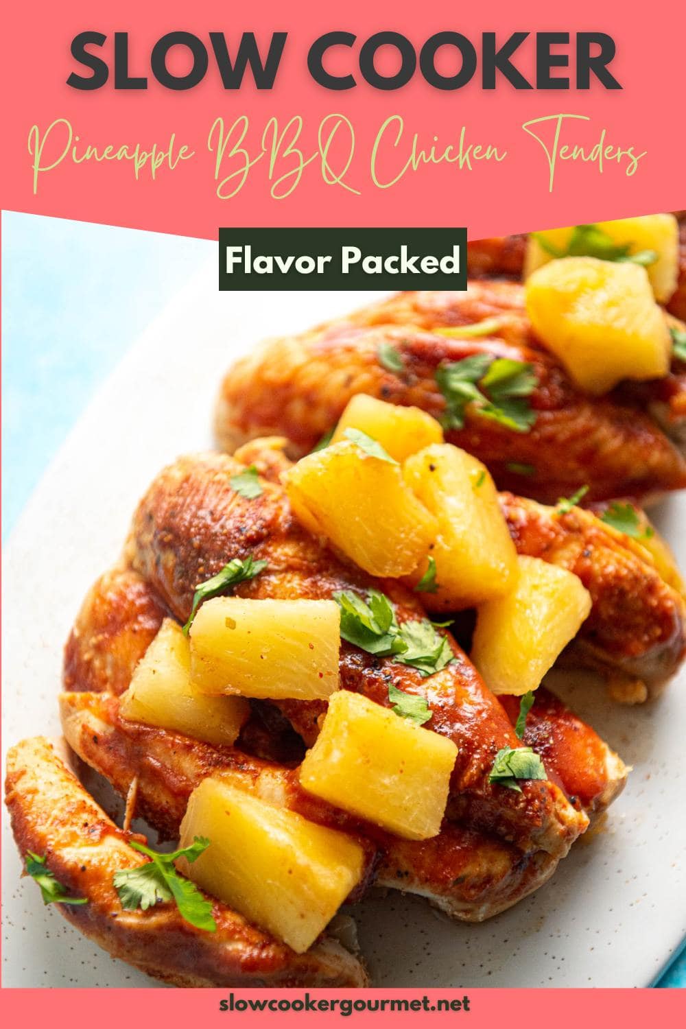 slow cooker pineapple bbq chicken tenders inside of slow cooker cooked words "flavor packed" on top