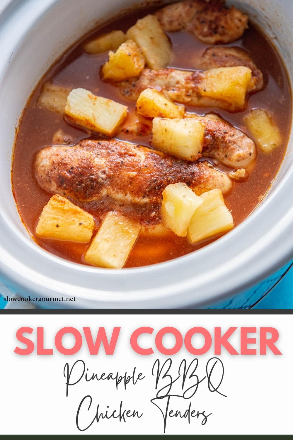 slow cooker pineapple bbq chicken tenders inside of slow cooker cooked