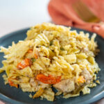 side view of tuna casserole on blue plate