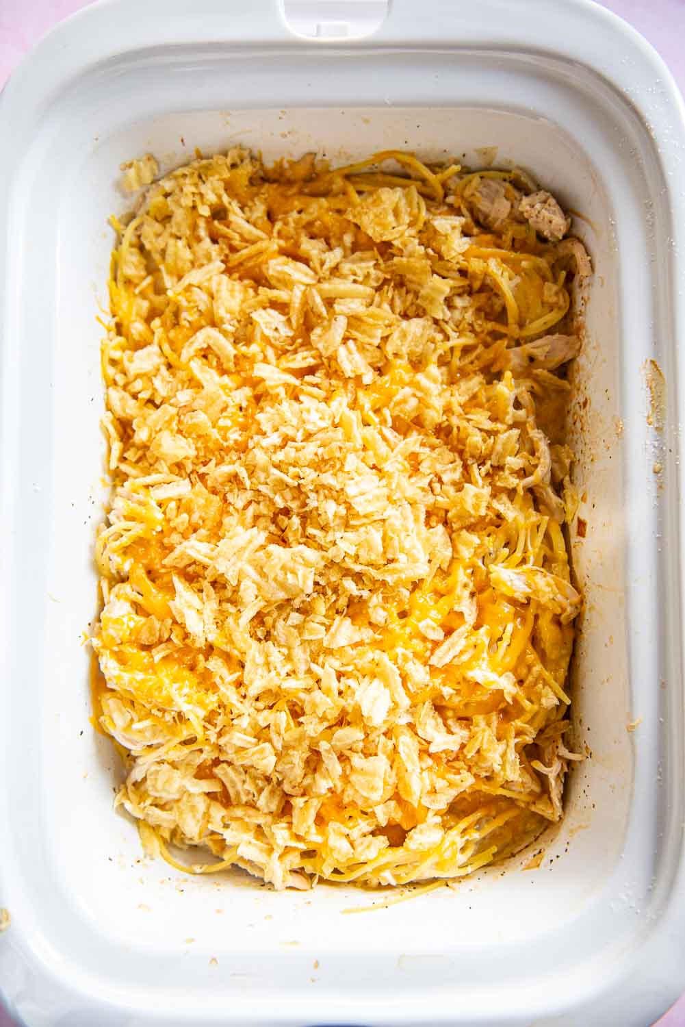 Slow Cooker Chicken Noodle Casserole in white dish