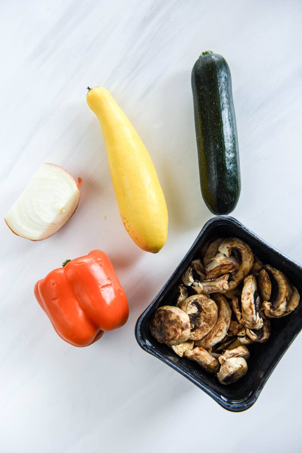 onion, yellow squash, zucchini, sliced mushrooms, orange bell pepper