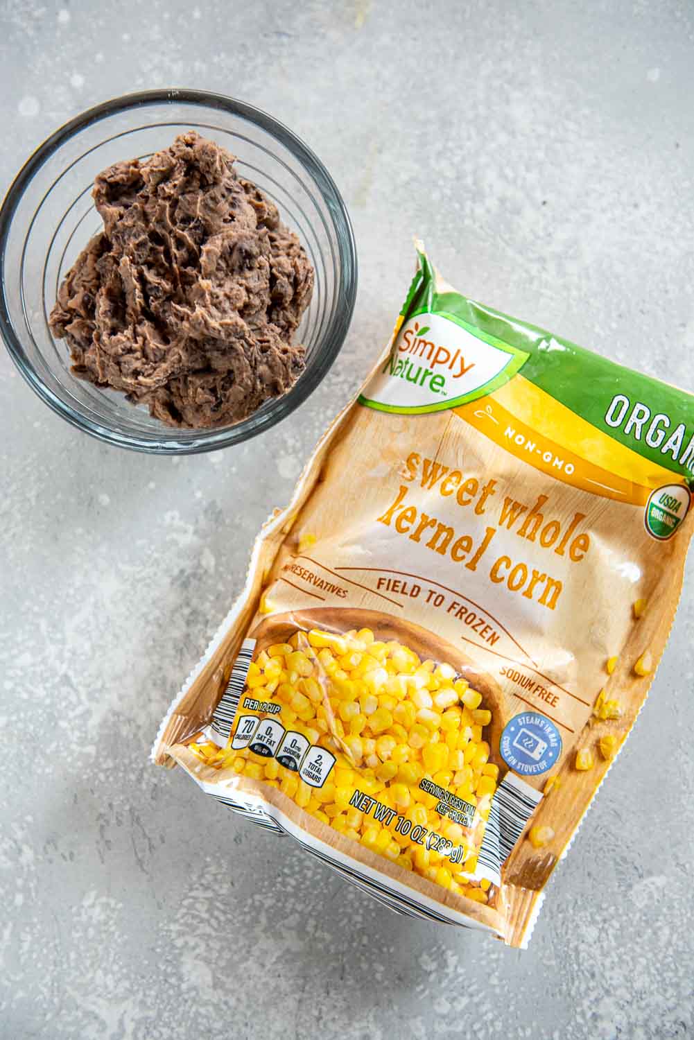 frozen sweet whole kernel corn and refried beans