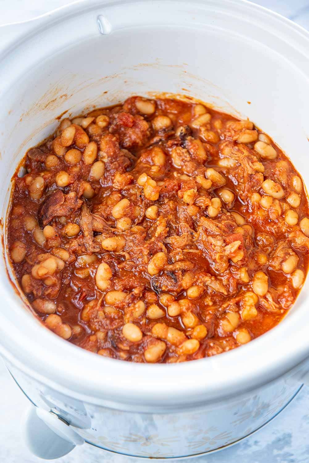 Slow Cooker Baked Beans cooked in slow cooker