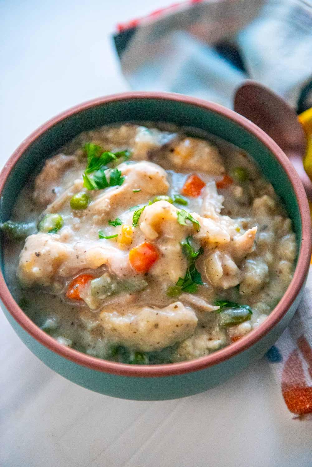 Slow Cooker Chicken and Dumplings served in bowl