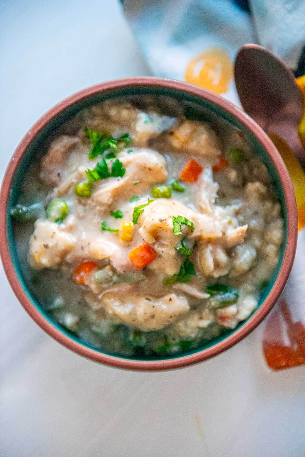 Slow Cooker Chicken and Dumplings served in bowl on table