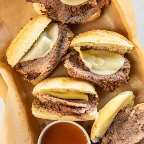 Instant Pot French Dip Sliders served next to sauce