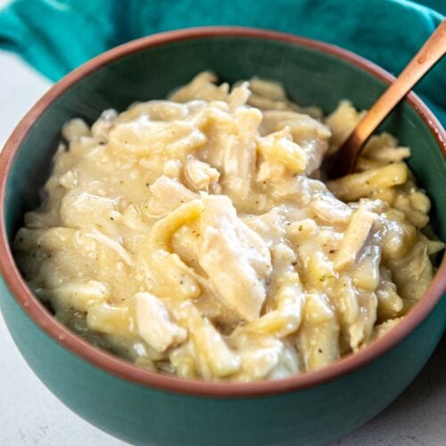 Slow Cooker Chicken and Noodles served in bowl with spoon