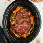 Top view of Slow Cooker Corned Beef on counter
