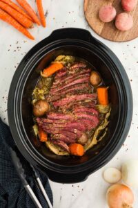 Top view of Slow Cooker Corned Beef on counter
