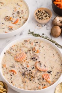 Large bowl of Slow Cooker Chicken and Wild Rice Soup served