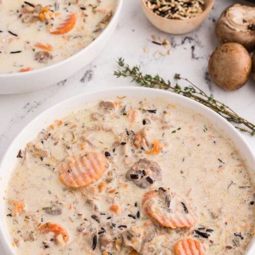 Large bowl of Slow Cooker Chicken and Wild Rice Soup served