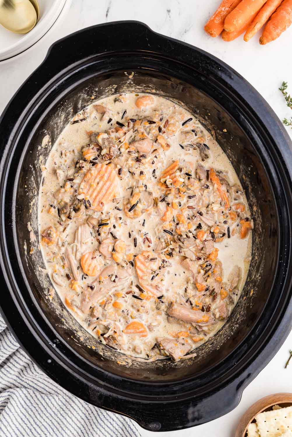 Slow Cooker Chicken and Wild Rice Soup process of cooking top of slow cooker off