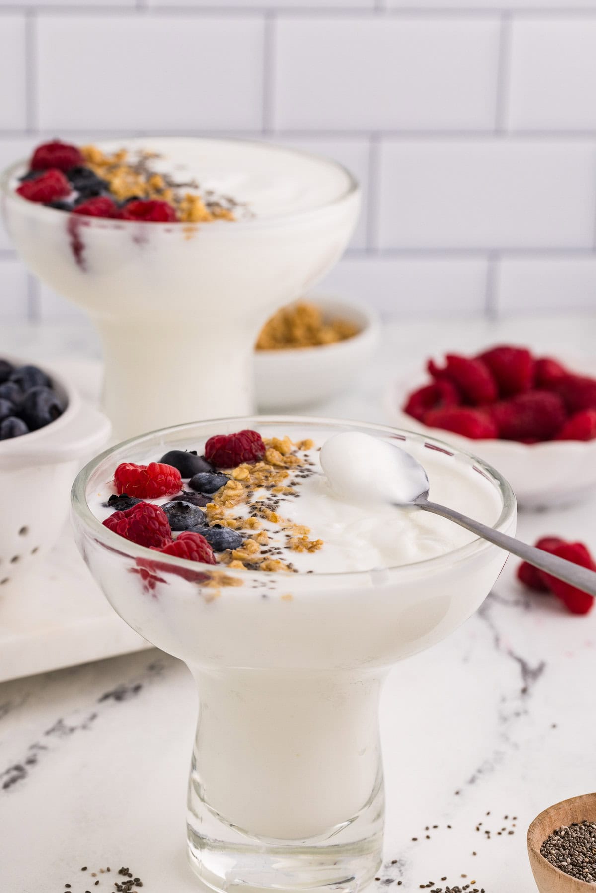 Homemade Yogurt served and garnished with berries and granola