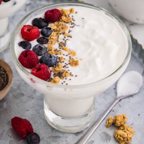 Homemade Yogurt served and garnished with berries and granola