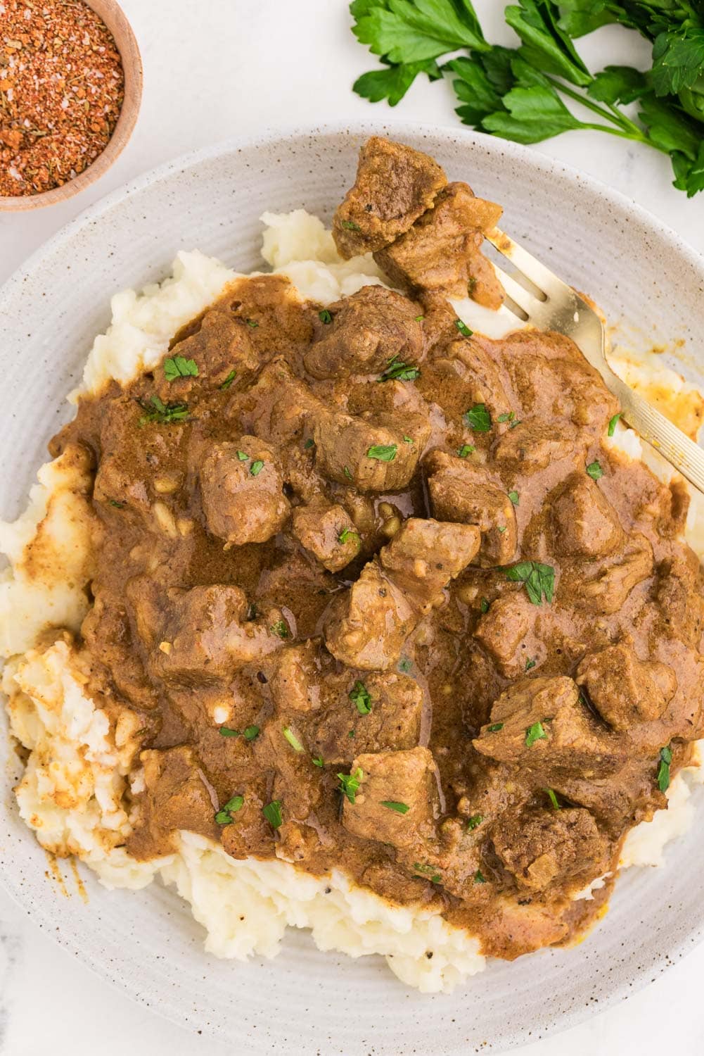 Close up of Tender Slow Cooker Steak Bites served