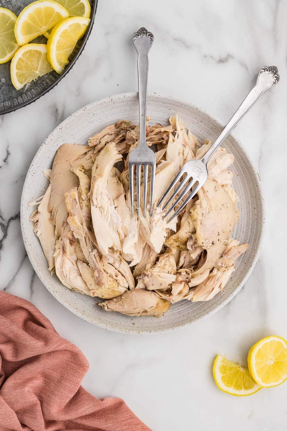 Chicken shredded on plate