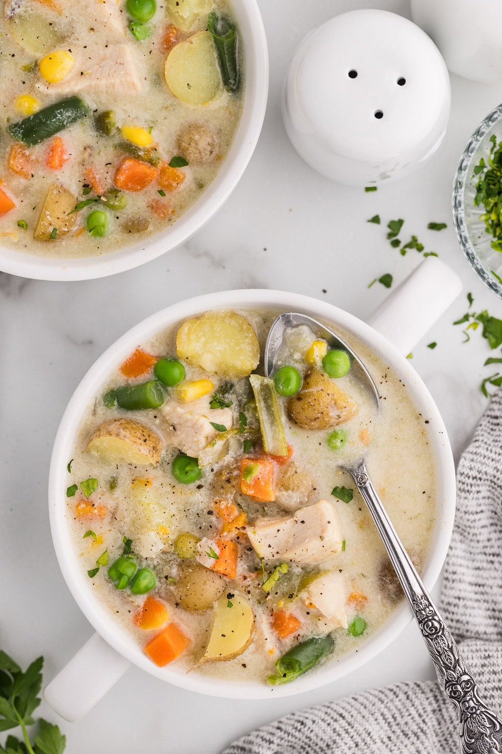Bowl of Slow Cooker Chicken Pot Pie Soup