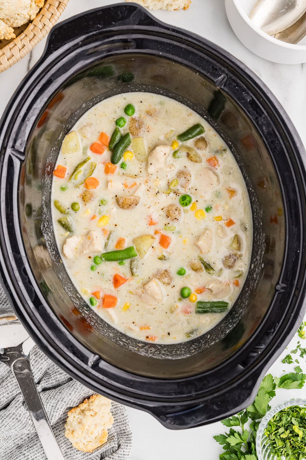 Slow Cooker Chicken Pot Pie Soup cooked and ready to serve