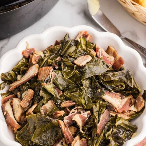 Slow Cooker Collard Greens served with bacon