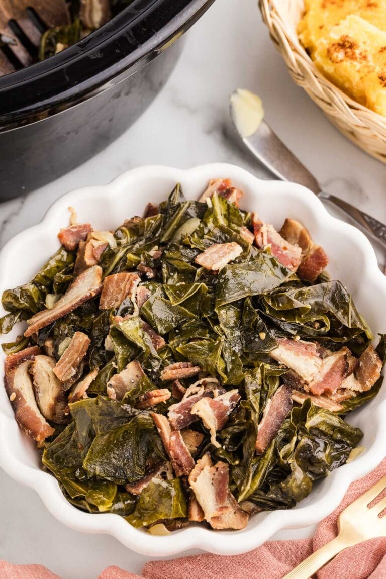 Slow Cooker Collard Greens served with bacon