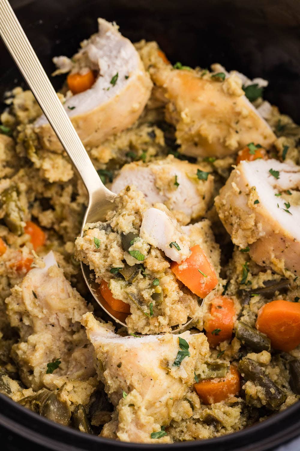 close up of slow cooker chicken and stuffing