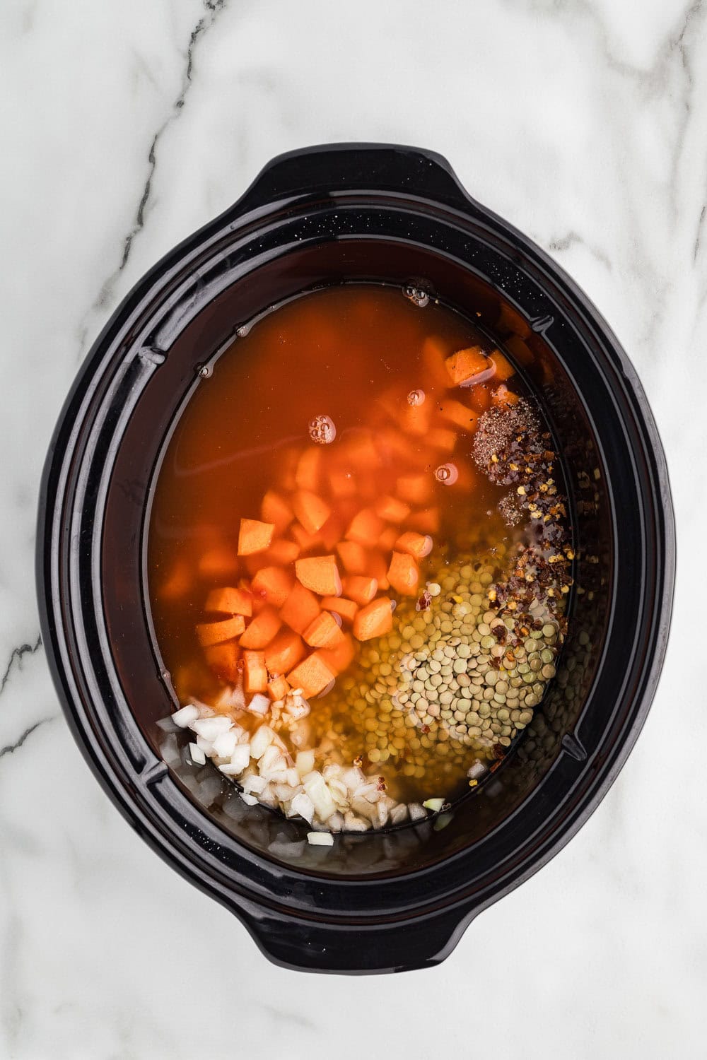 Lentil Soup all ingredients in slow cooker