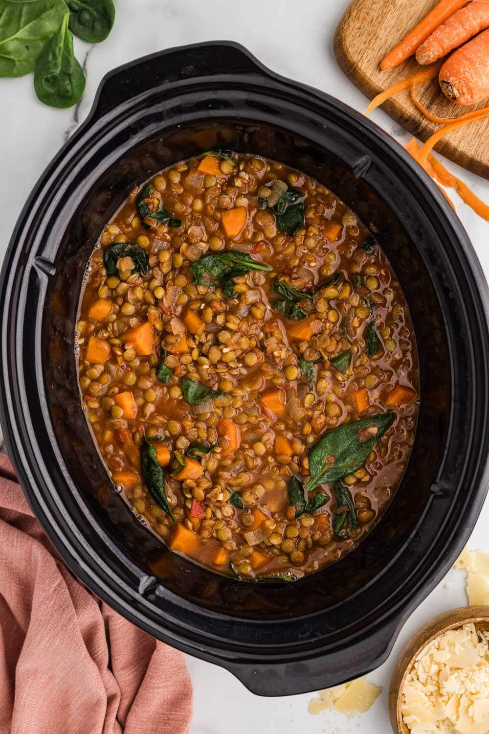 completed lentil soup in the slow cooker