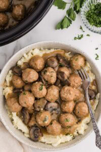 Meatballs served on mashed potatoes