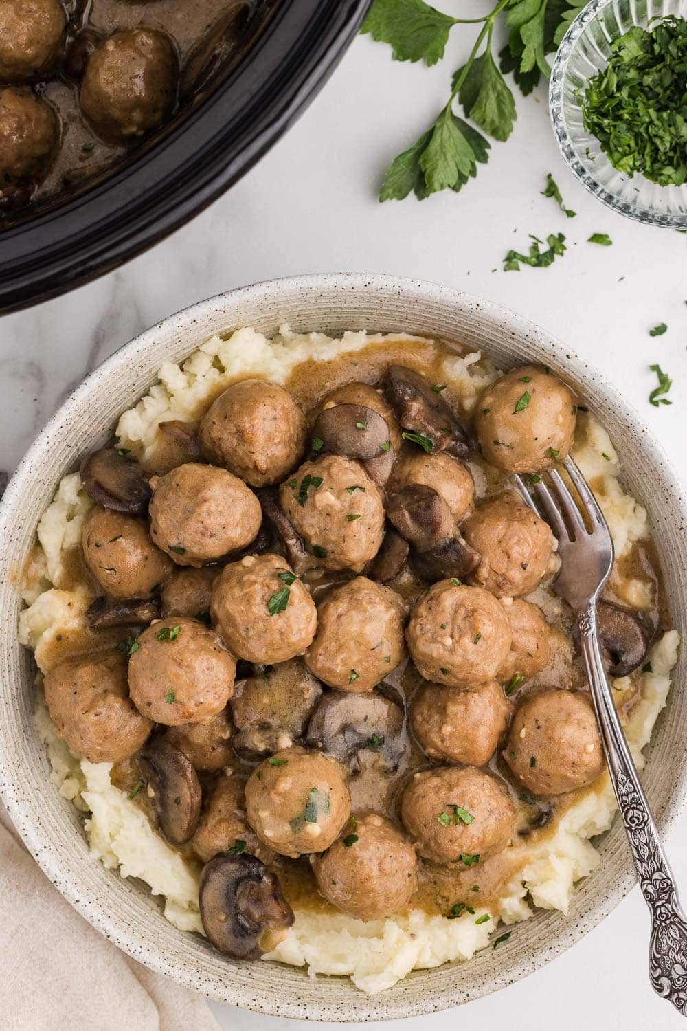 Meatballs served on mashed potatoes