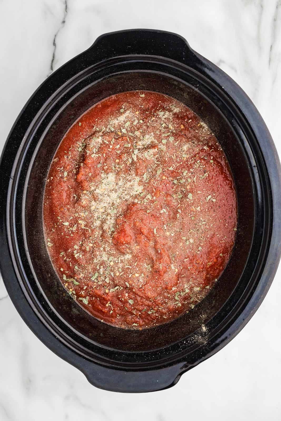 overhead picture of spaghetti sauce and seasonings