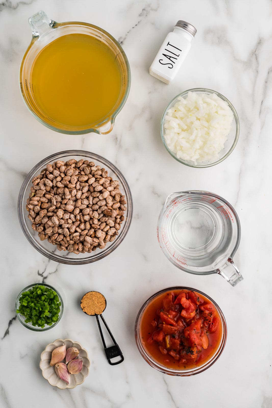 Refried Beans ingredients to include glass bowls and measuring cups of dry pinto beans, chopped onion, diced jalapeno peppers, cloves of garlic, fire roasted tomatoes, chicken broth, water, taco seasoning and salt