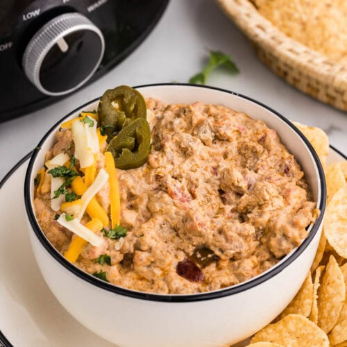 side view of plate with chips with bowl of Rotel dip with shredded cheese and jalapeno slices on top, with basket of chips and black slow cooker in background