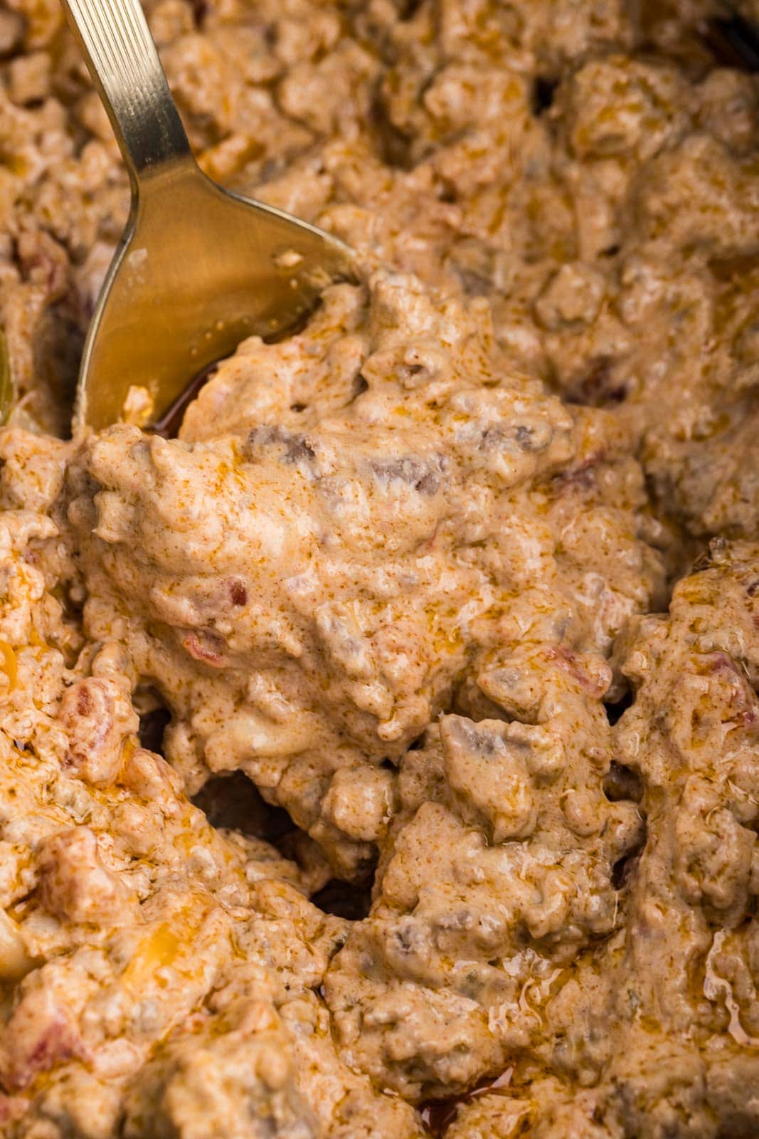 closeup view of Rotel dip with large spoon