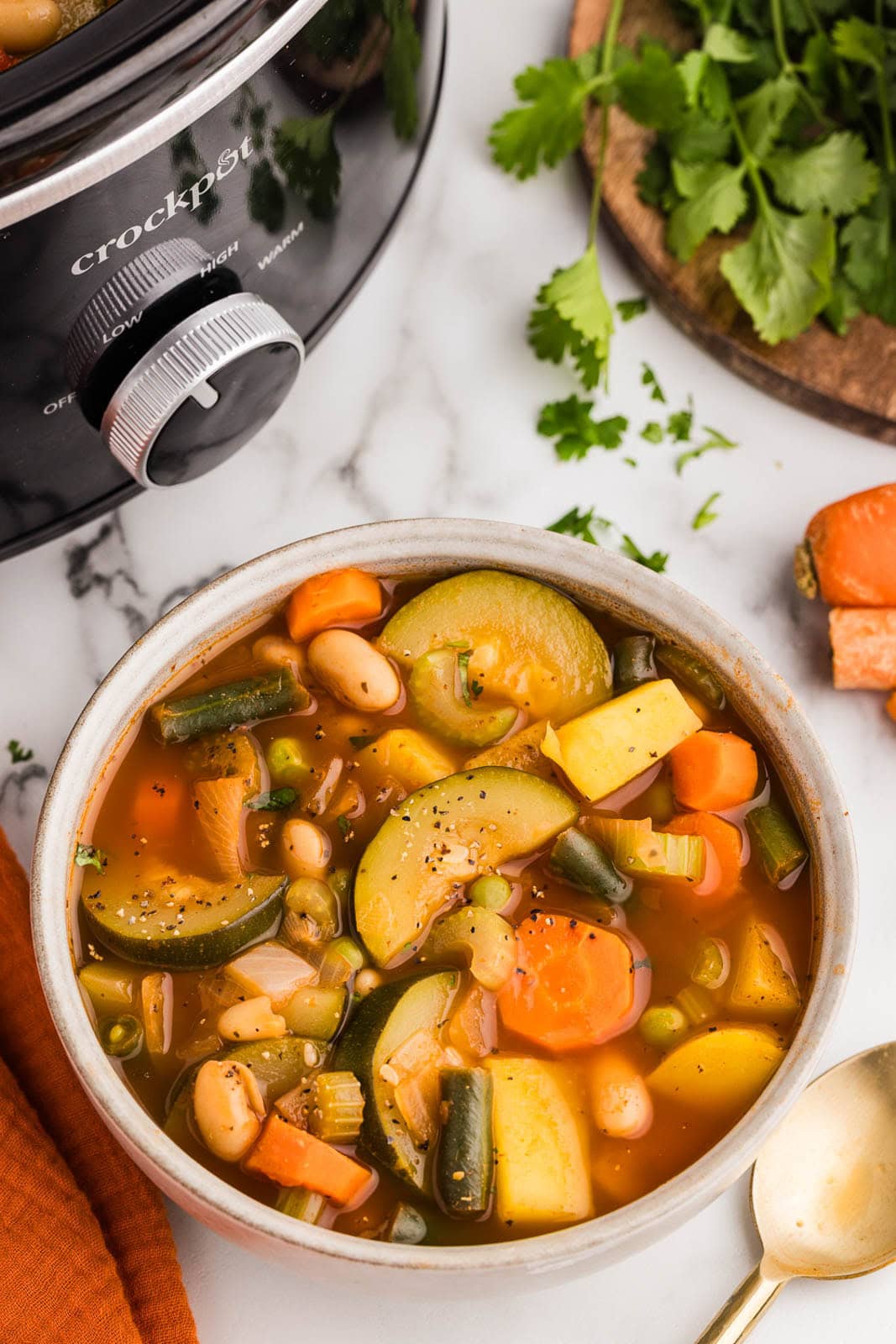 overhead view of bowl of vegetable soup, surrounded by gold spoon, wooden cutting board with parsley, and black slow cooker in background