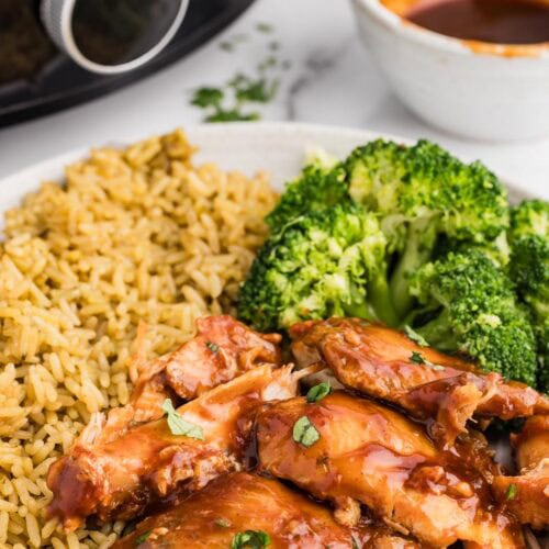 closeup view of white dinner plate of bbq chicken thighs, broccoli and rice with bowl of bbq sauce and black slow Cooker in background